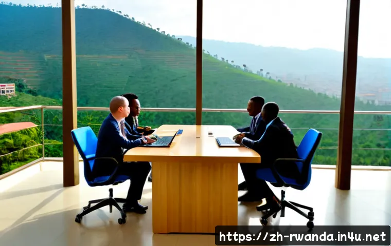 르완다의 다국적 기업 - Photorealistic modern corporate office in Kigali, Rwanda, diverse African and international business...