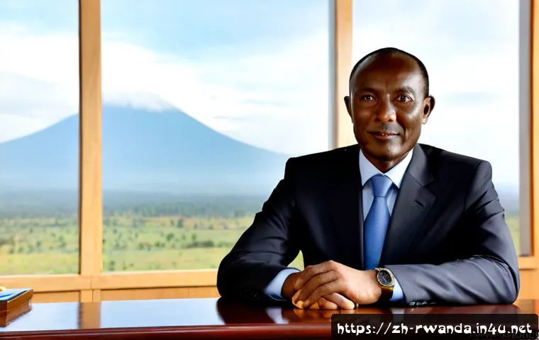 르완다의 주요 정치 인물 - Photorealistic portrait of a distinguished Rwandan political leader in a tailored dark suit, seated ...