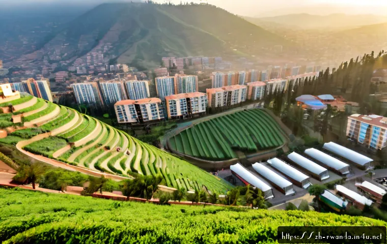 르완다의 주요 도시 계획 사례 - Photorealistic aerial view of Kigali, Rwanda, showcasing orderly hillside urban planning with modern...