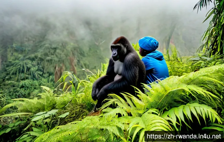 르완다 관광지 추천 - Photorealistic mountain gorilla trekking scene in Rwanda’s misty Volcanoes National Park, a calm sil...