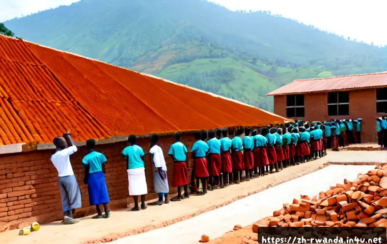 르완다의 학교 건축 프로젝트 - Photorealistic wide-angle view of a new primary school being built in rural Rwanda, local constructi...