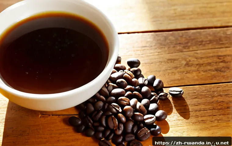 르완다 커피의 맛과 특징 - Photorealistic close-up of a freshly brewed cup of Rwandan coffee on a rustic wooden table, rich amb...