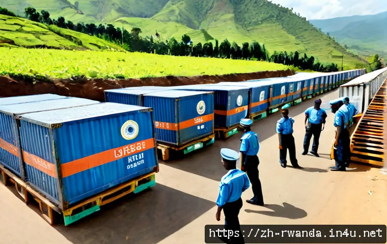 르완다의 국제 무역 정책 - Photorealistic wide-angle scene of a modern East African border trade checkpoint in Rwanda, neatly a...