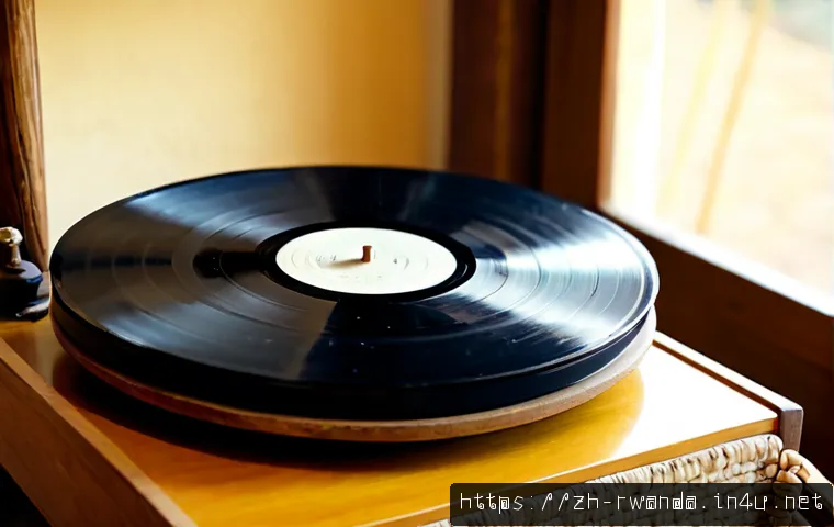 르완다 민속 음악 레코드 - Photorealistic close-up of a vintage vinyl record playing on a simple wooden turntable, beside a han...