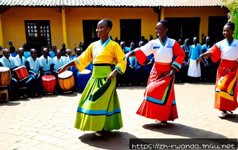 르완다 민속 춤 공연 체험 - Photorealistic Rwanda traditional folk dance performance in an open-air cultural courtyard, a group ...